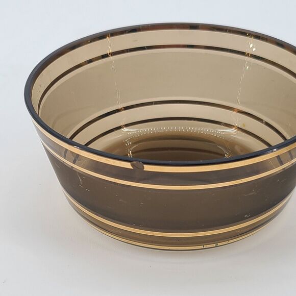 Vintage Smoky Glass Trinket Candy Dish Lid Gold Stripes - Picture 2 of 4